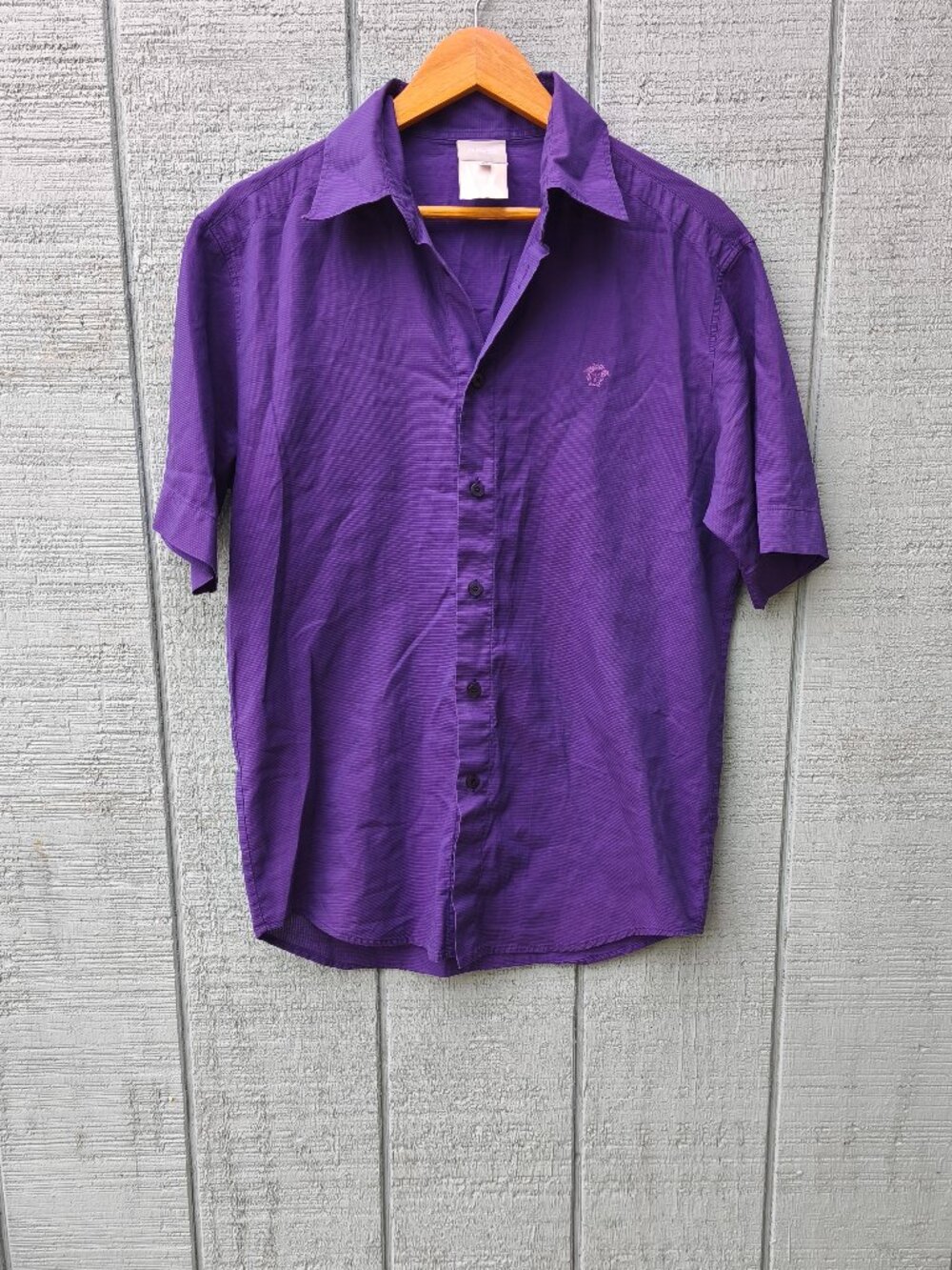 90s Versace Jeans Button Down Short Sleeve sz M Purple Retro Disco Designer Lux